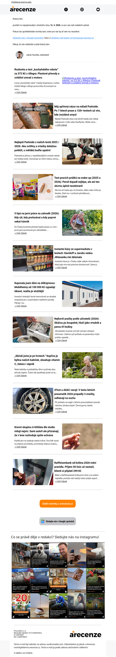 Spotřebitelský radar - 16. 4. - Slevy, testy a novinky od arecenze.cz