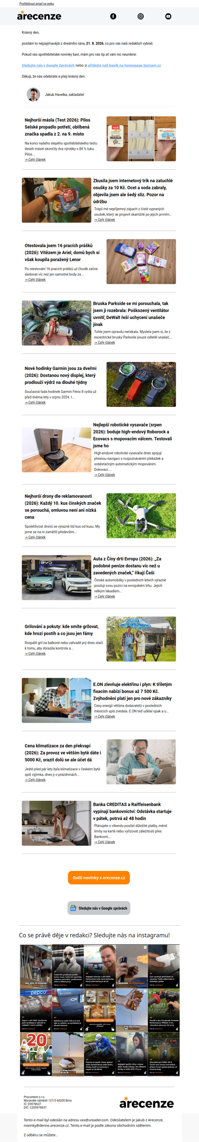 Spotřebitelský radar - 21. 8. - Slevy, testy a novinky od arecenze.cz