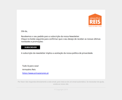 Confirme a subscrição da newsletter Armazéns Reis