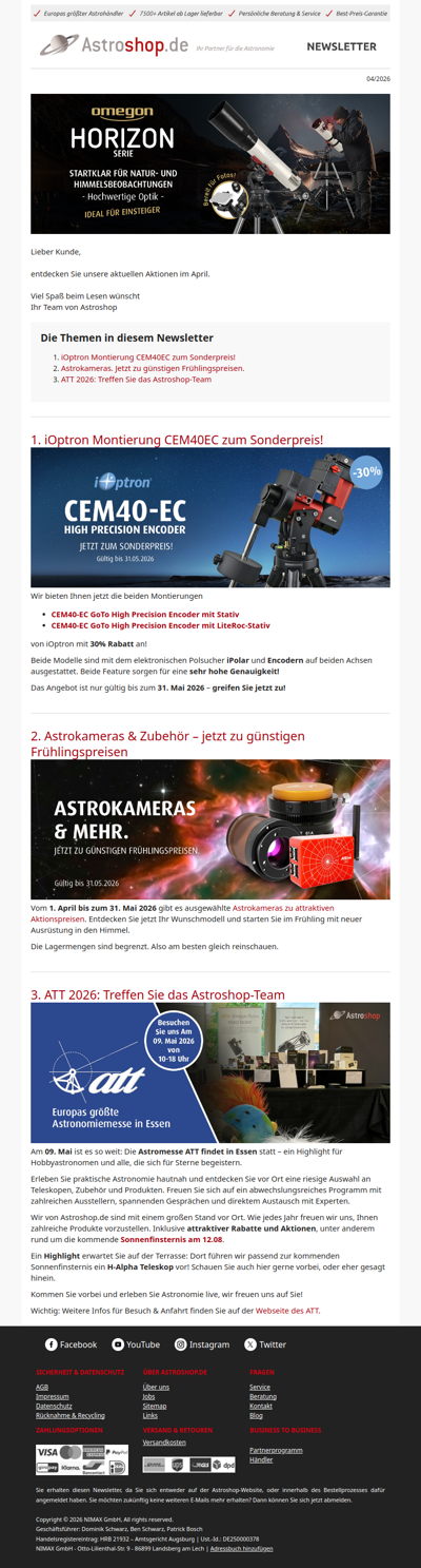 🏷️ -30% auf iOptron CEM40-EC | NEUE Omegon Teleskope für Einsteiger | Frühlingspreise auf Astrofotografie-Produkte