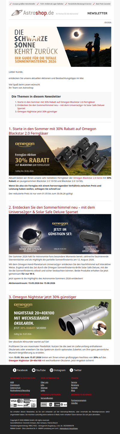 💸 30% auf Omegon Ferngläser & Sonnenfinsternisbrille mit Stil