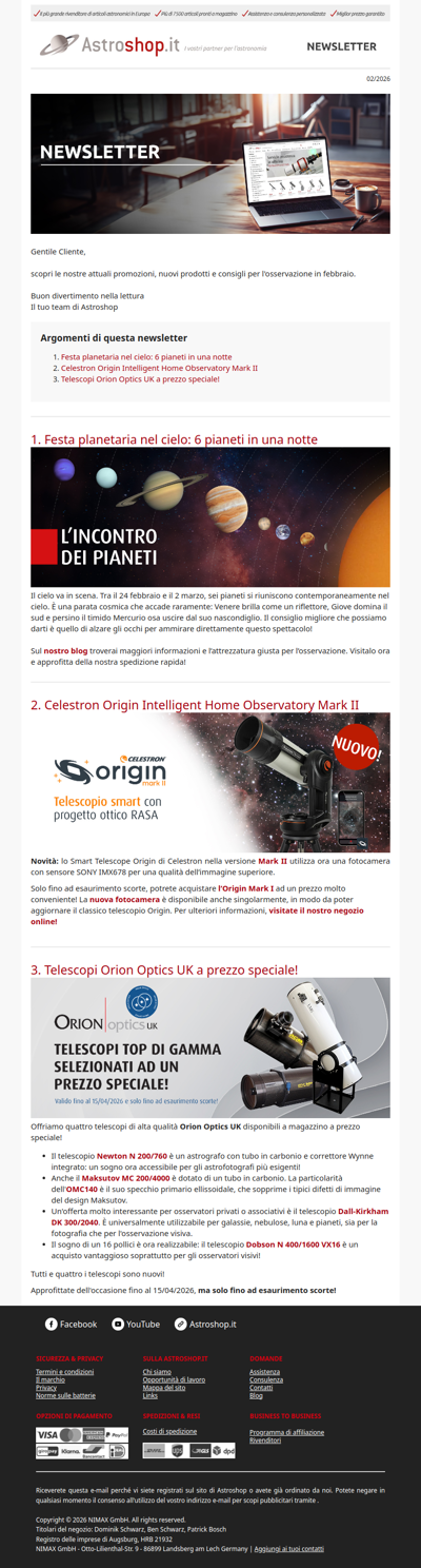 🥳 Da non perdere: festa dei pianeti a febbraio | Celestron Origin Mark II | Offerte sui telescopi Orion Optics UK