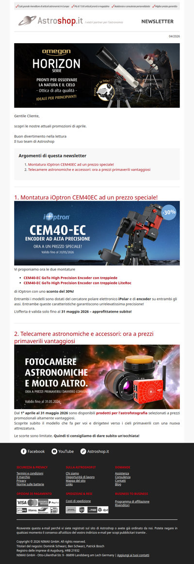 🏷️ -30% su iOptron CEM40-EC | NUOVI telescopi Omegon per principianti | Offerte primaverili su prodotti per astrofotografia