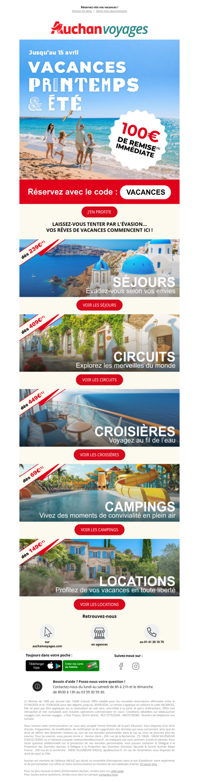 Auchan voyages : 100€ de remise sur vos vacances de printemps et d'été !