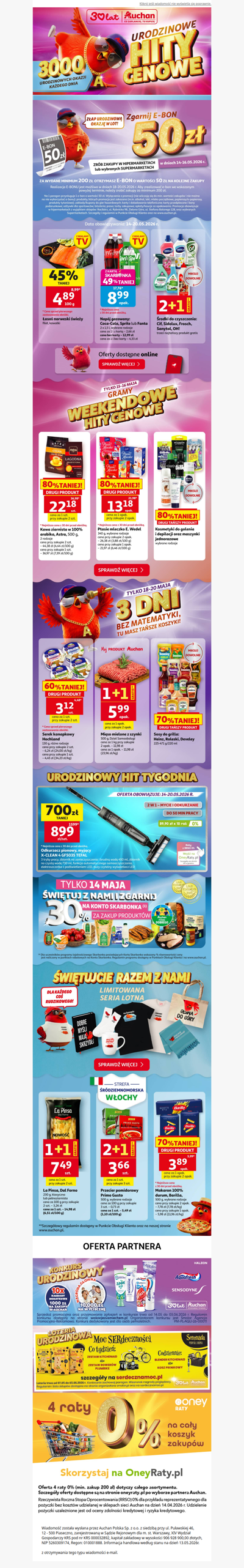🎉Urodzinowy E-BON 50zł z okazji 30 lat Auchan! Sprawdź >>
