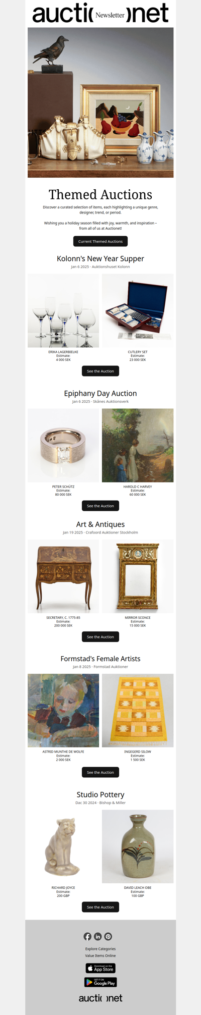 Themed Auctions: Kolonn's New Year Supper • Epiphany Day Auction • Art & Antiques • Formstad's Female Artists • Studio Pottery