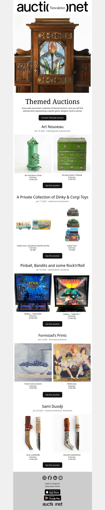 Themed Auctions: Art Nouveau • A Private Collection of Dinky & Corgi Toys • Pinball, Bandits and some Rock’n’Roll • Formstad's Prints • Sami duodji