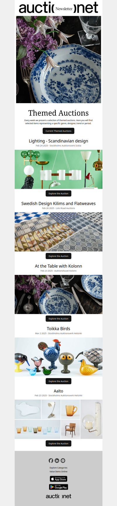 Themed Auctions: Lighting - Scandinavian design • Swedish Design Kilims and Flatweaves • At the Table with Kolonn • Toikka Birds • Aalto