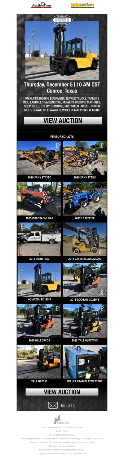 Auction Dec. 5th: (12) Forklifts; H.D. Trucks; Landoll Trailer; (2) Excavators; Rigging Equip./Tools; Skid Steer; Utility Tractors; (35+) Welders; More!