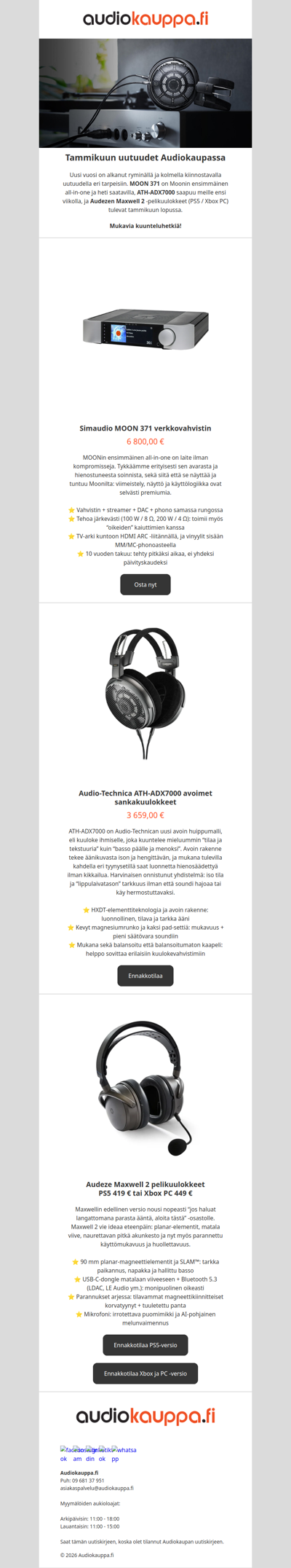 Tammikuun uutuudet: MOON 371, ATH-ADX7000 ja Maxwell 2 - Audiokaupan uutiskirje