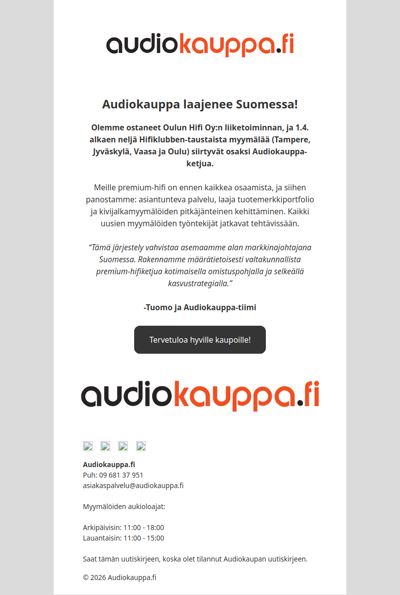 Iso uutinen: Audiokauppa kasvaa Suomessa - ostimme Oulun Hifi Oy:n liiketoiminnan