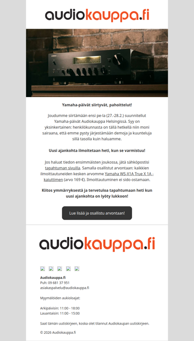 Yamaha-päivät siirtyvät - uusi ajankohta ilmoitetaan pian - Audiokaupan uutiskirje