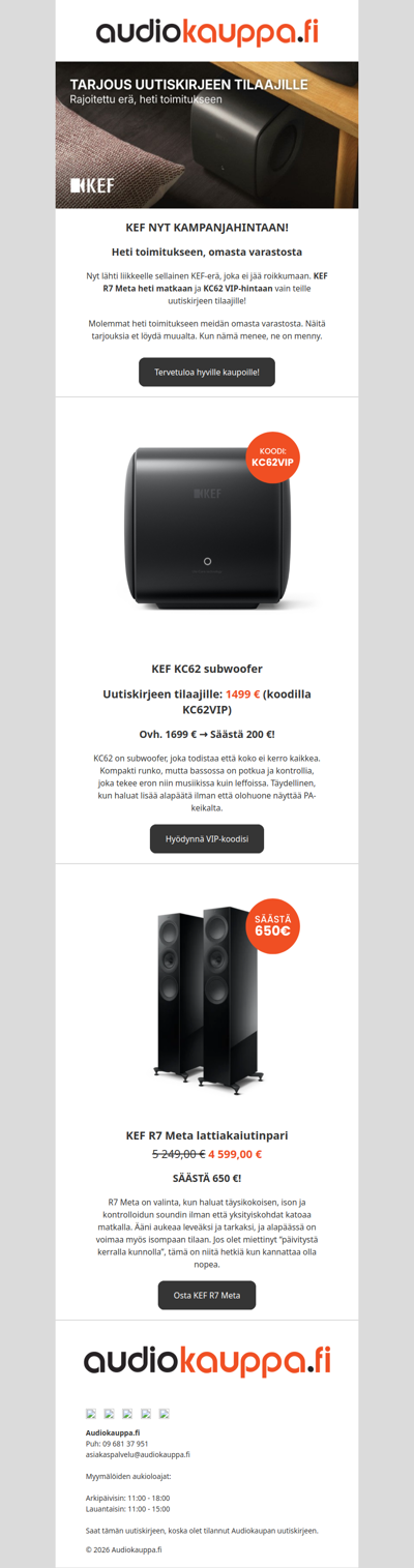 KEF KC62 ja R7 Meta nyt kampanjahintaan, heti matkaan - Audiokaupan uutiskirje