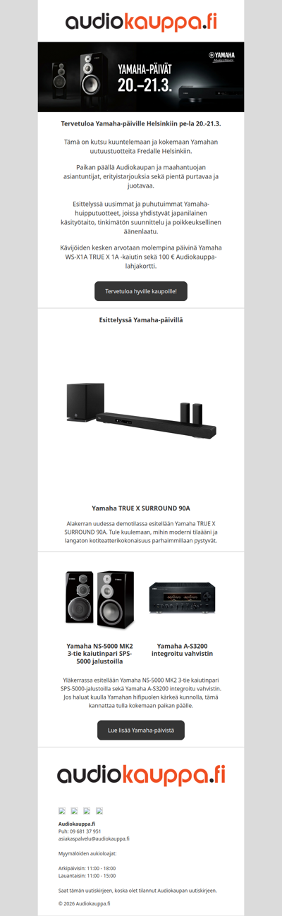 Yamaha-päivät Helsingin Audiokaupassa 20.-21.3. - Audiokaupan uutiskirje