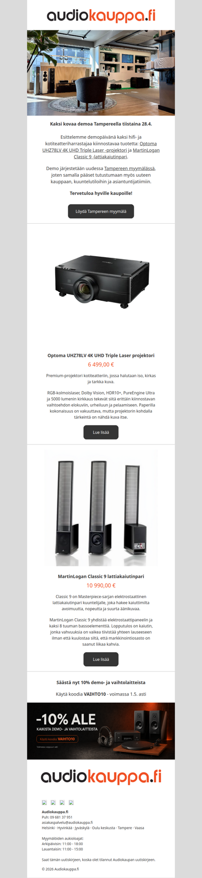 Demopäivä ti 28.4. Tampereella: Optoma UHZ78LV ja MartinLogan Classic 9 - Audiokaupan uutiskirje