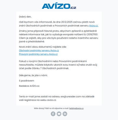 Změna obchodních a provozních podmínek