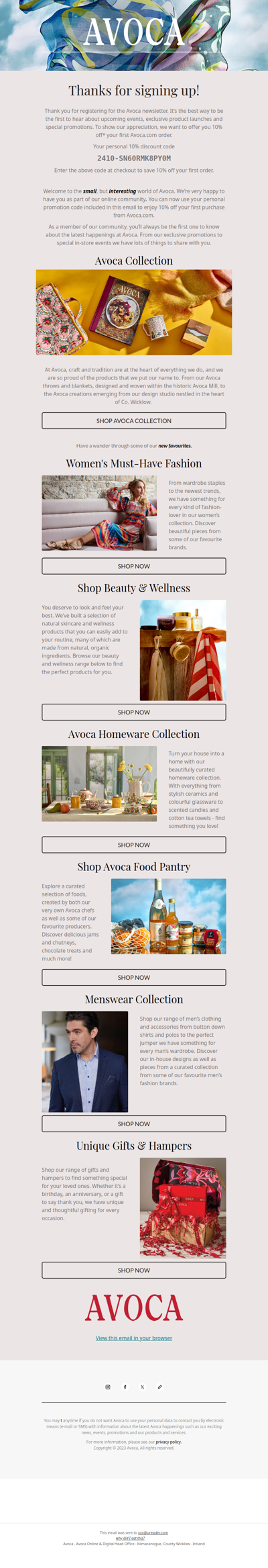 Welcome to Avoca Ireland 🎉 Your Exclusive Discount Awaits