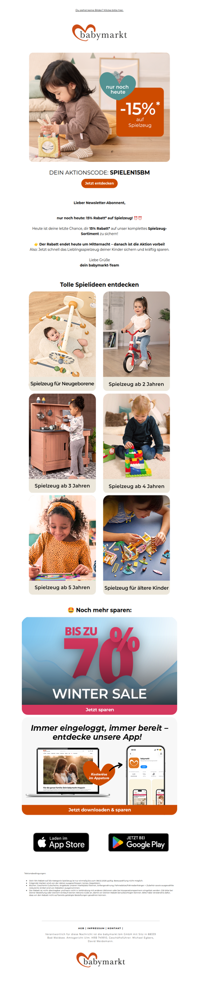 📢 Nur noch heute: 15% Rabatt auf Spielware!