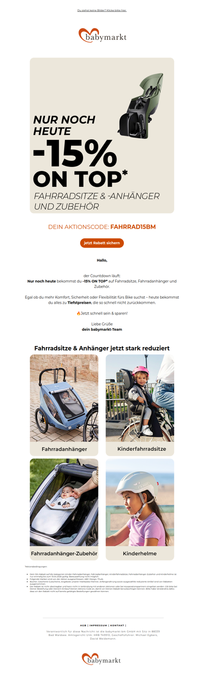 Letzte Chance: –15% ON TOP auf Fahrradsitze, Anhänger & Co.!🔥