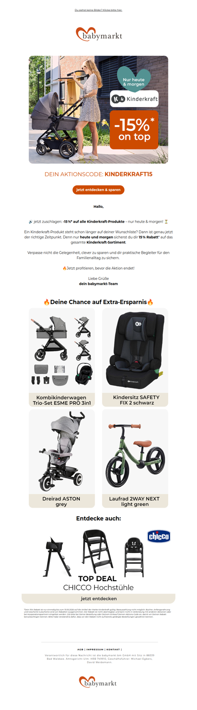🔥 -15 % EXTRA auf Kinderkraft – nur HEUTE & MORGEN!