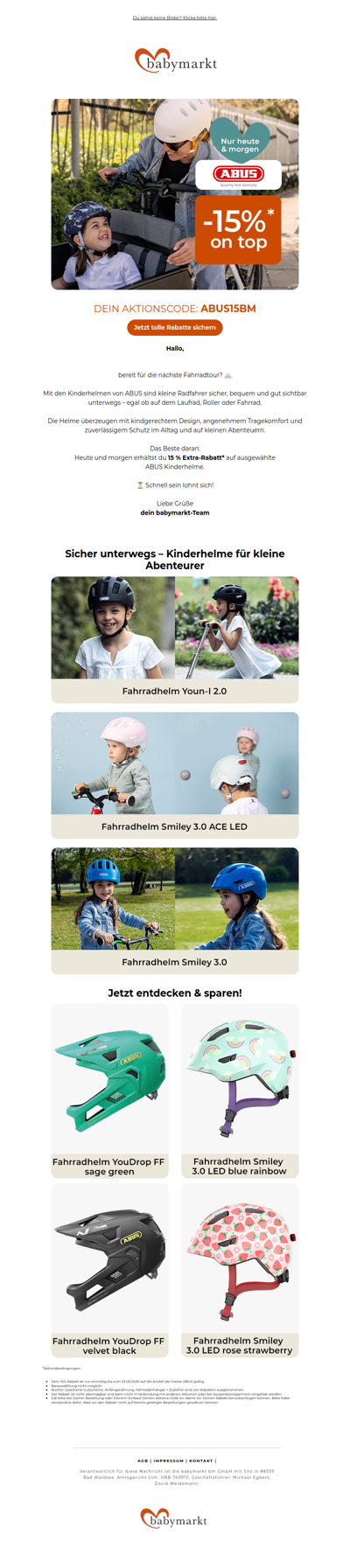 🚲Heute & morgen: 15 % Extra-Rabatt auf Kinderhelme