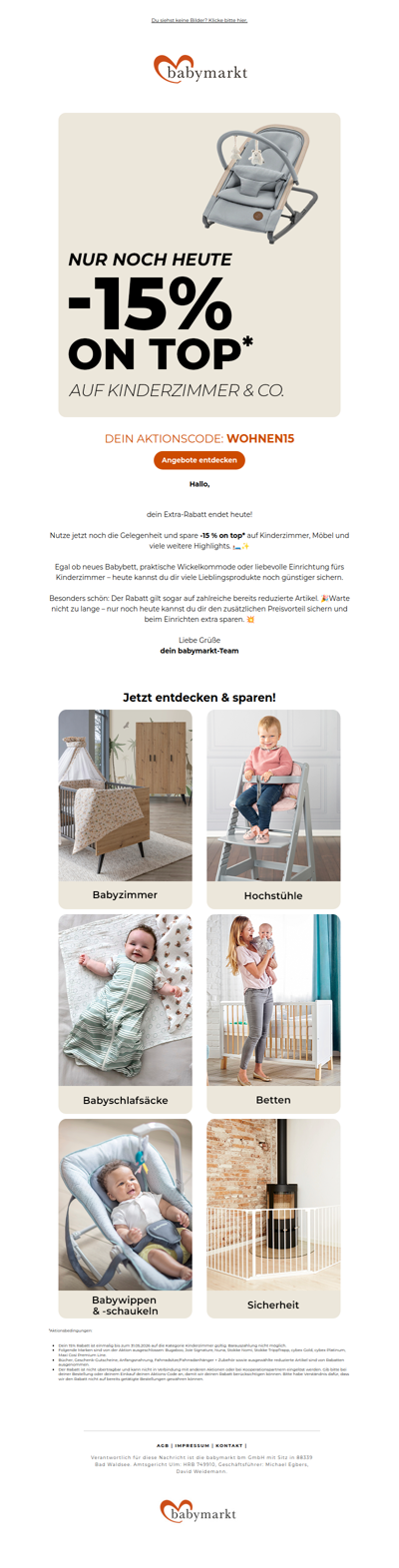 Nur noch heute: Extra -15 % auf Kinderzimmer & Co.!
