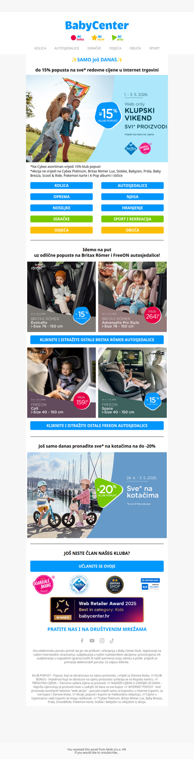 Samo još DANAS ➡️ do -15% na sve* redovne cijene!