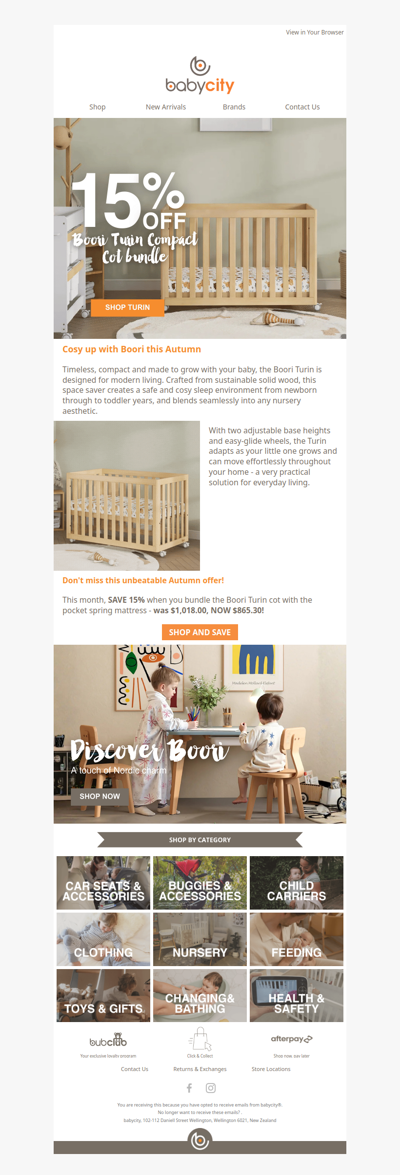 Create a cosy nursery with 15% off Boori Turin