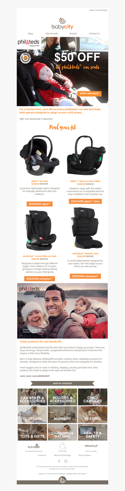 $50 off any phil&teds® car seat