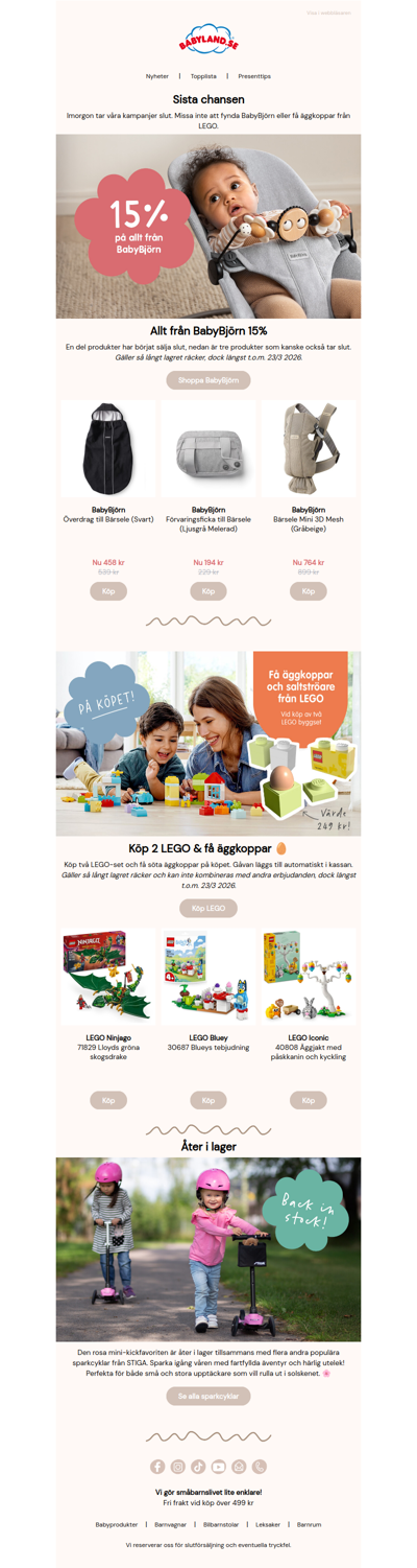 Sista chansen: BabyBjörn 15% och äggkoppar från Lego