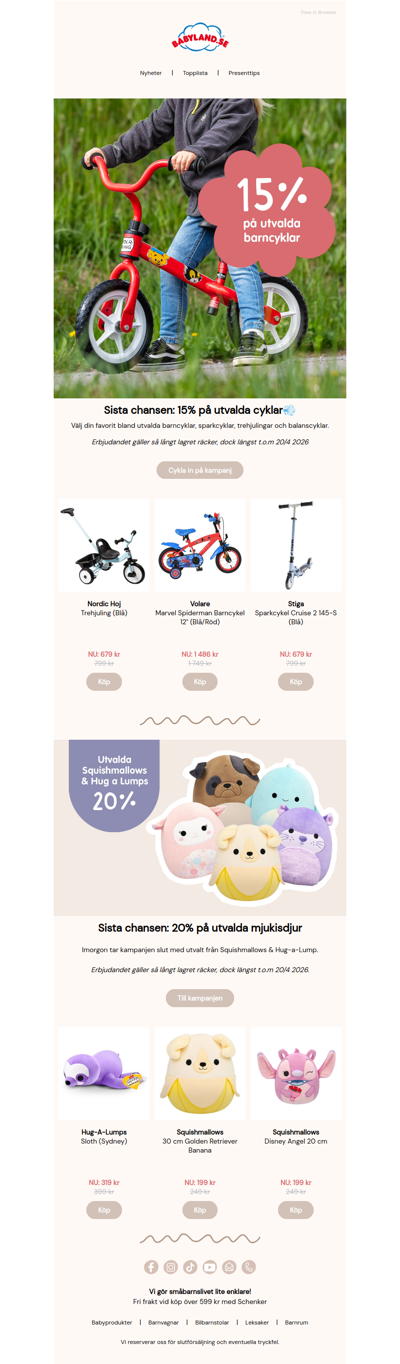 15% på utvalda cyklar & 20% på utvalda mjukisar 🚲🧸