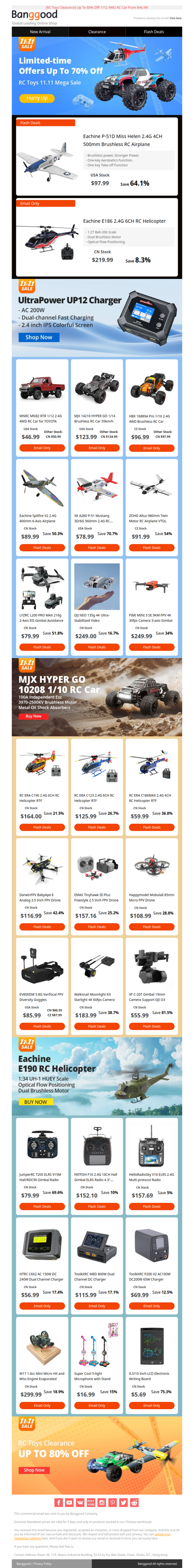 [11.11 RC Toys Mega Sale]72Hrs Limited-time offers Up To 70% Off, Eachine P51D RC Airplane $97.99! Eachine E186 RC Helicopter $219.99!