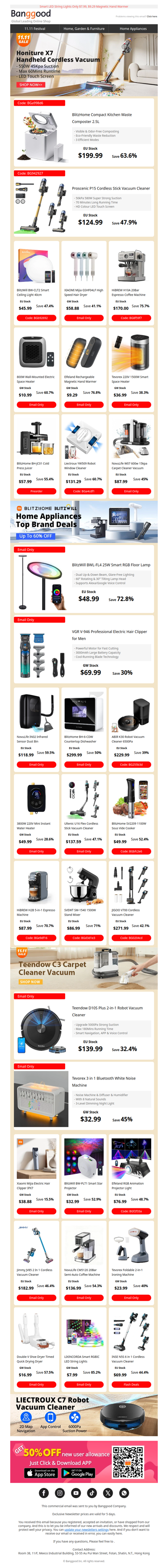 [11.11 Home Hot Sales] Mega Coupon $1?4.99 Get Proscenic Vacuum, $?5.99 BlitzWill Smart Celling Lamp >