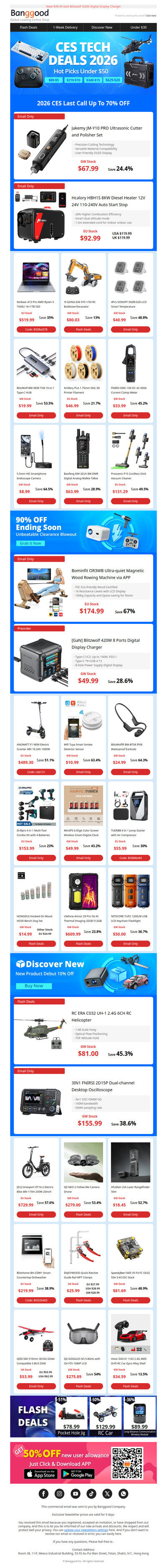 Last 48hrs for 2026 CES! Only $67.99 Jakemy Ultrasonic Cutter and Polisher, $174.99 Bominfit Rowing Machine.