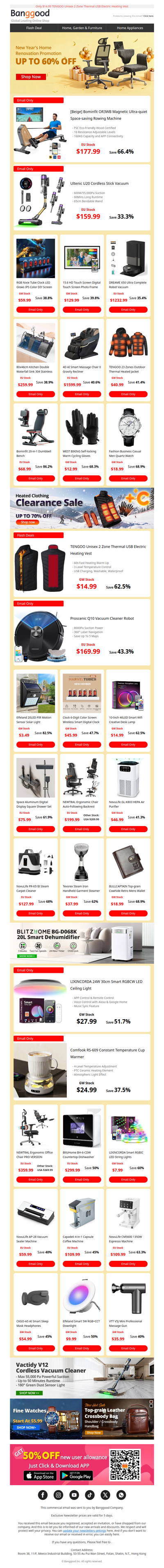 Up to 60% OFF! Only $179.99 Bominfit OR3WB Rowing Machine, $159.99 Ultenic U20 Cordless Stick Vacuum.