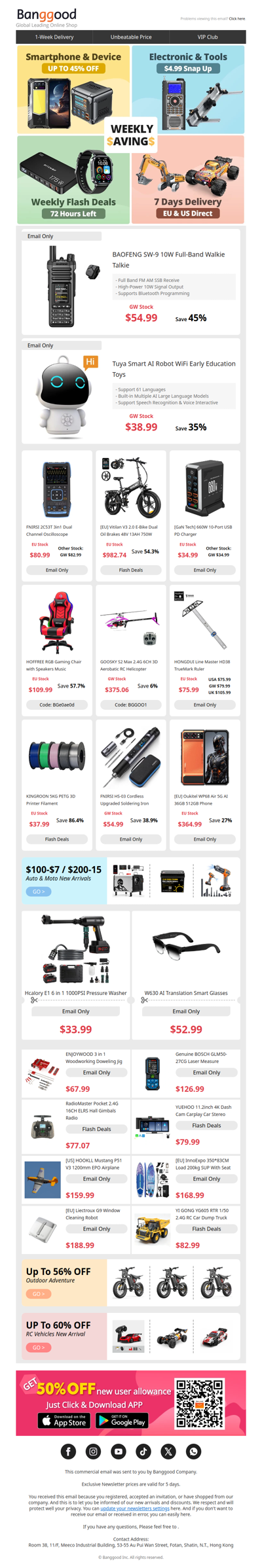 🤩[Weekly Saving] $54.99 BAOFENG 10W Full-Band Walkie Talkie, $33.99 Hcalory 1000PSI Pressure Washer.