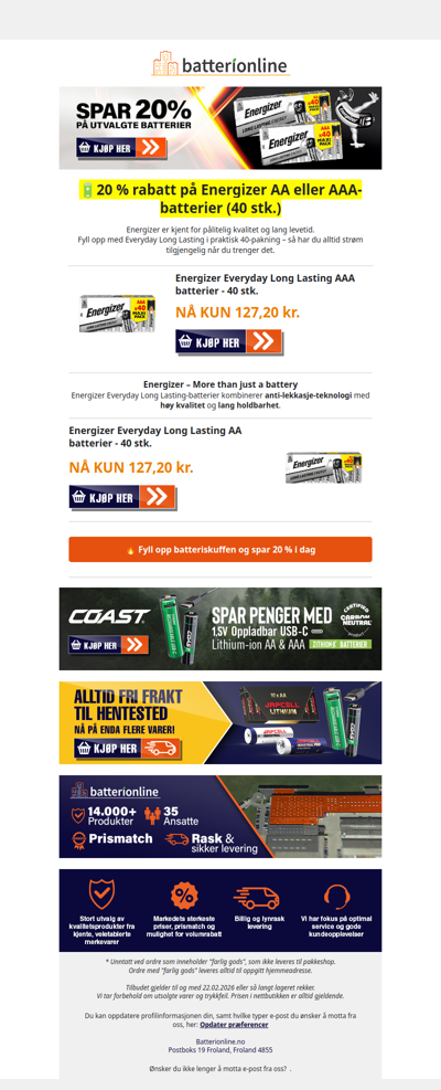 Spar 20 % på Energizer AA / AAA-batterier