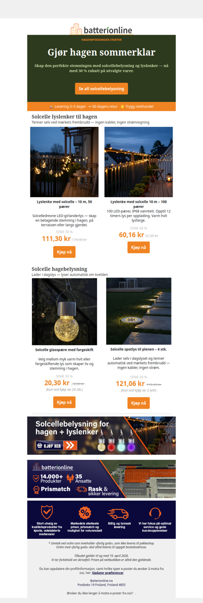 Spar 30 % på solcellebelysning til hagen