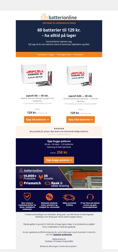 60 batterier til kun 129 kr.