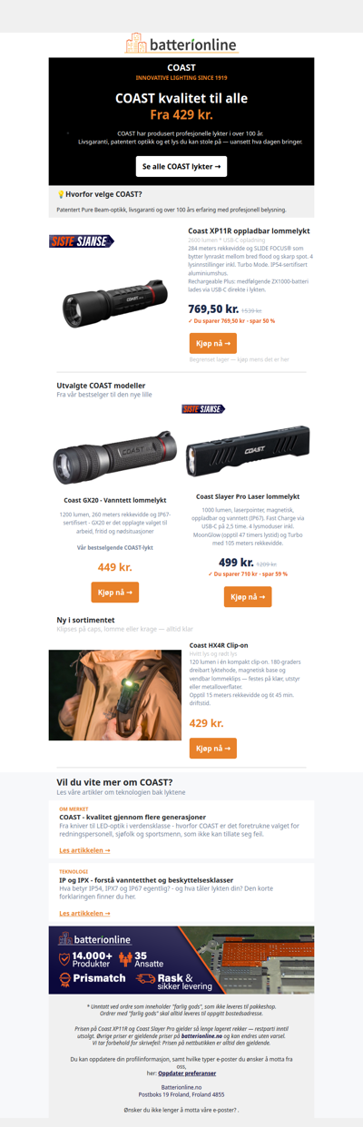 Spar opptil 50% på COAST lykter 🔦