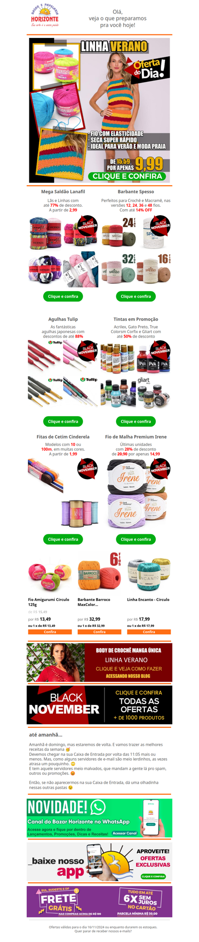 Linha por 9,99 na Oferta do Dia + DESCONTOS em Lãs, Barbantes, Agulhas, Tintas e Fitas. Aproveite já a Black November!🧡😇