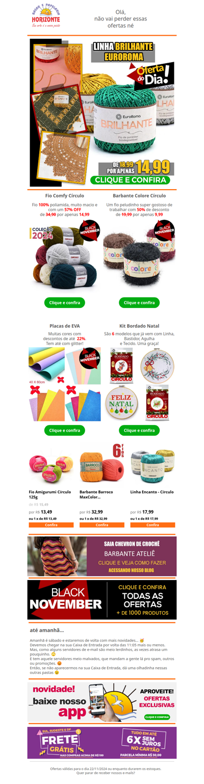 Hoje tem uma linha FANTÁSTICA na Oferta do Dia + Lã com 50% OFF, Barbante e EVA com desconto e Lindos Kits de Bordar. Vem ver!🧡😙