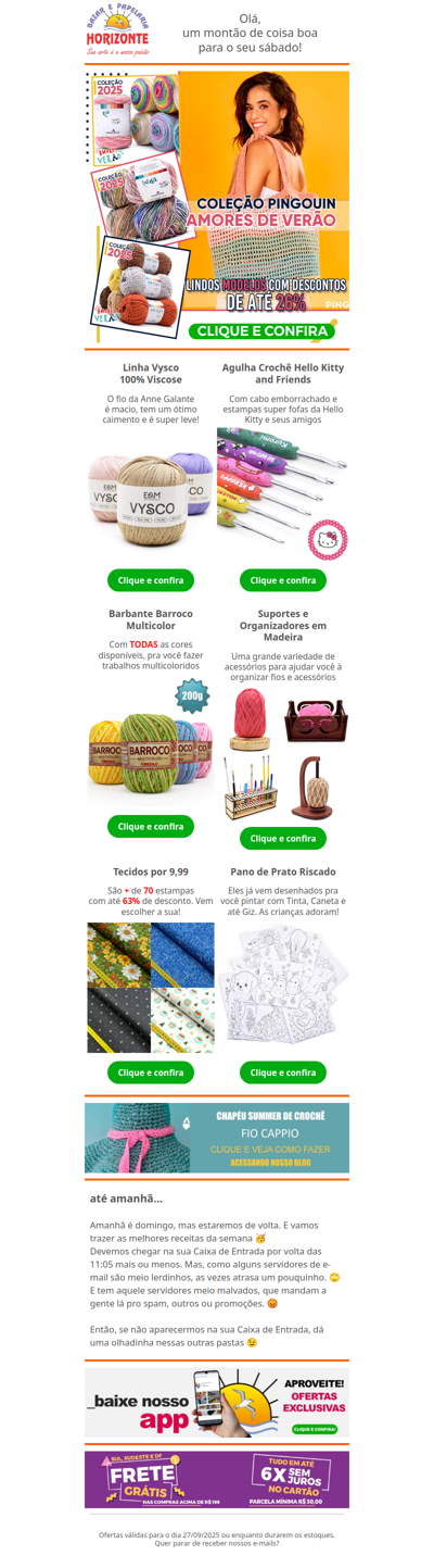 Fios da Pingouin com SUPER DESCONTOS + Linha Vysco, Agulha Hello Kity, Saldão de Tecidos e Panos para Pintar. Vem ver!🧡