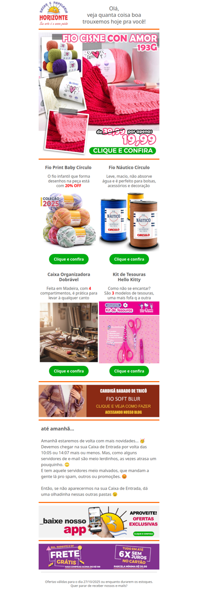 Lã Cisne com 50% OFF + Fio Náutico, Tesoura da Hello Kitty e uma Caixa para Organizar seus materiais. Vem ver!🧡😄