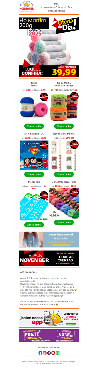 Black November: Lãs, Linhas, Fio de Malha, Kit Amigurumi, Renda, Stencil com SUPER DESCONTOS! Vem ver 🧡😍