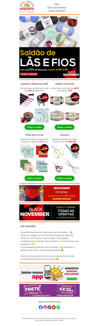 Black November com Lãs, Linhas, Agulhas, Tesouras e muito mais com SUPER DESCONTOS. Vem ver! 🧡😁