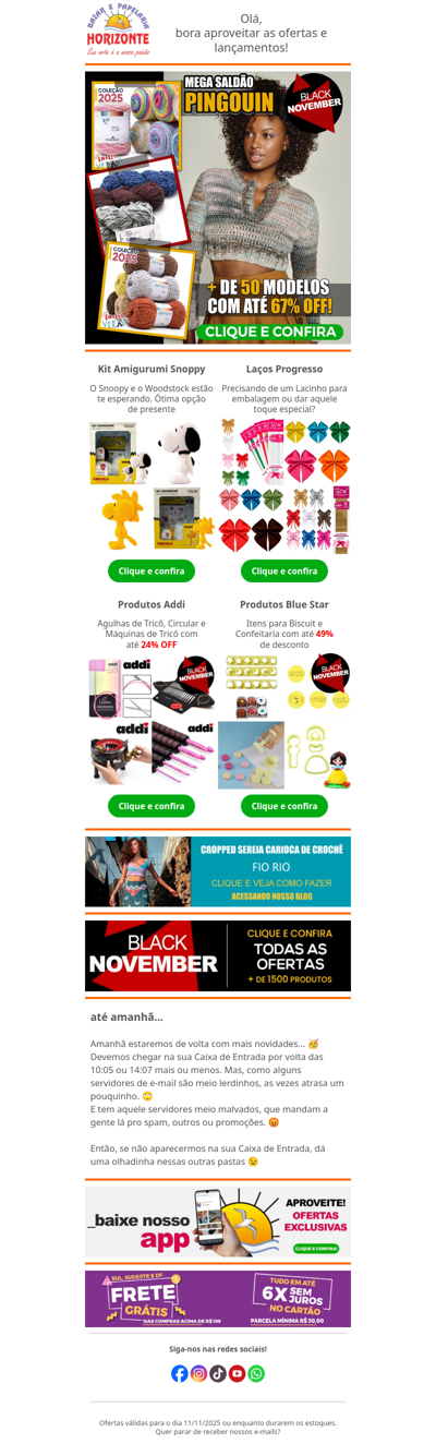 Saldão de Fios Pingouin com até 67% OFF + Agulhas e Máquinas de Tricô, Kit Amigurumi Snoopy e muito mais. Vem ver!🧡