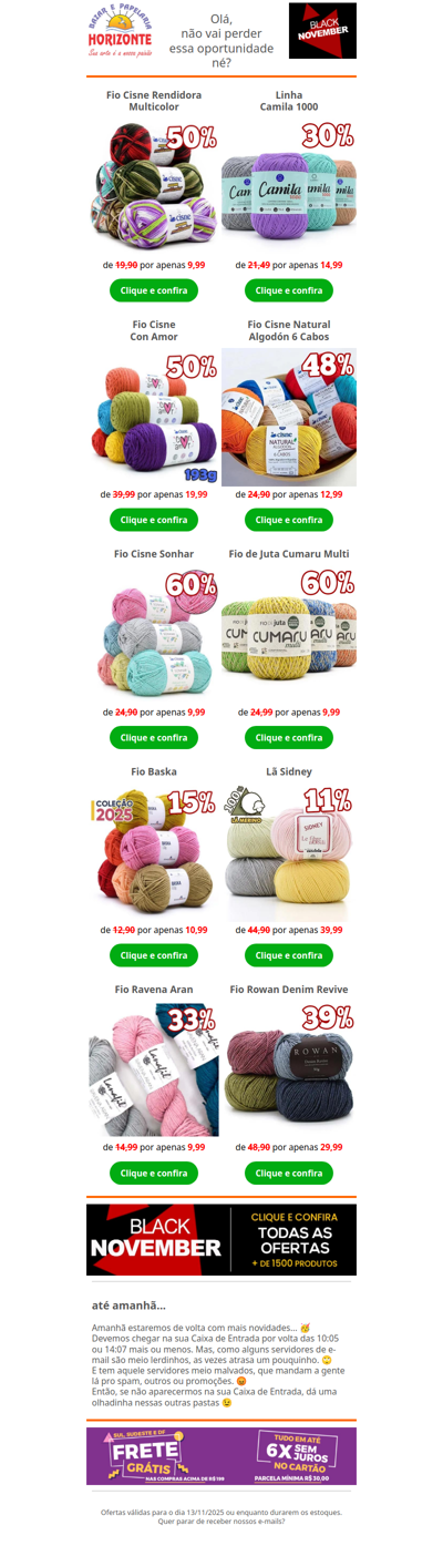 Top 10 Lãs e Linhas com até 60% OFF. Vem aproveitar os descontos da Black November!🧡🌞