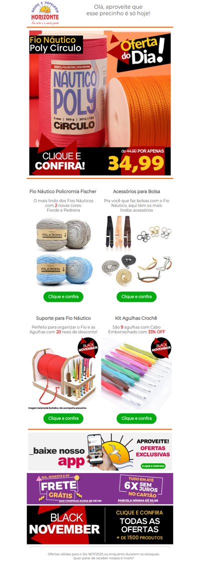 Tem Fio Náutico na Oferta do Dia + Acessórios para Bolsa e Suporte e Agulhas com preço de Black. Vem ver!🧡😇