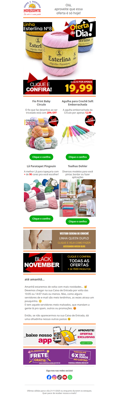 Linha Esterlina na Oferta do Dia + Descontos em Lãs e Agulhas e lindas Toalhas para Bordar. Vem ver!🧡